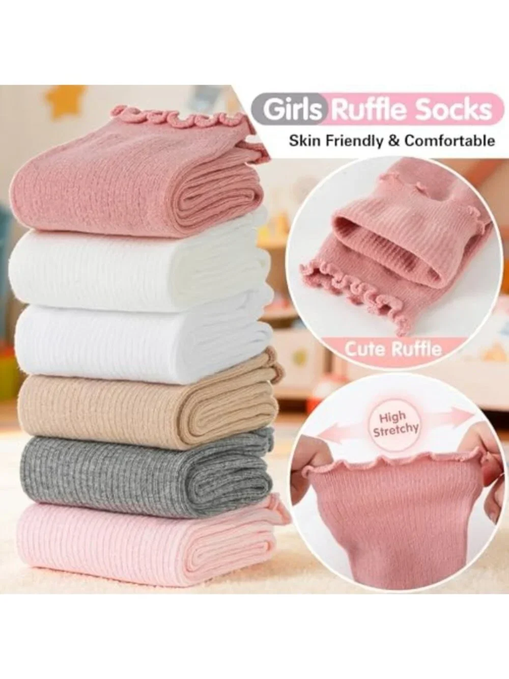 Girls Ruffle Crew Socks - 6 Pairs Frilly Cotton Uniform School Socks